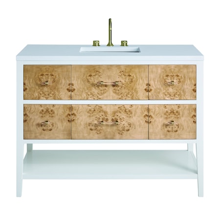 James Martin Vanities 48'' Single Vanity, Light Mappa Burl and Polished White w/ 3 CM White Zeus Quartz Top D804-V48-LMB-3WZ